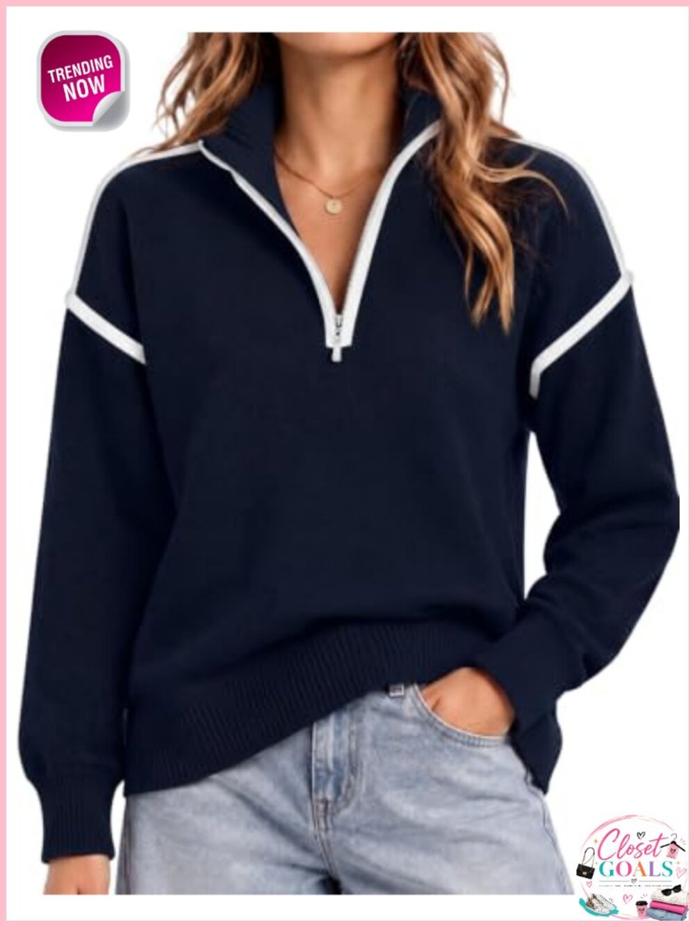 Quarter Zip Pullover Sweater Long Sleeve Collared Top Women